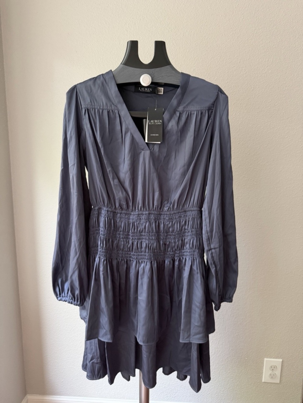 Lauren Ralph Lauren Women's Navy Solid V-Neck Long Sleeve Smocked Mini Dress 0